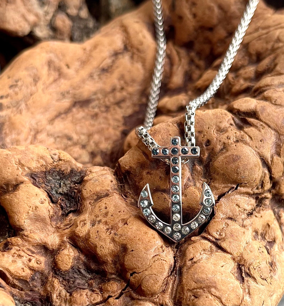 Stainless Steel Anchor With Cubic Zirconia Necklace. Nautical Jewelry