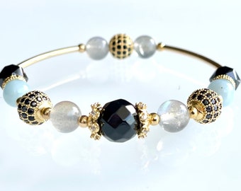 Natural Gemstones Bracelet. Black Spinel, Labradorite, Aquamarine. Unique. Free Shipping