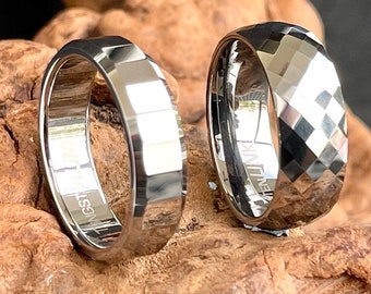 Tungsten Ring at Clearance Sales Price. For Men and Women. High Polished Diamond Cut with Beveled Edge Design. Limited Stocks Only.