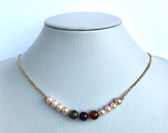 Dainty Tourmaline Pearl Necklace, 14K Gold Filled/Sterling Silver/Stainless Steel Chain, Handmade, Daily Wear, Bridesmaid Gift.Free Shipping