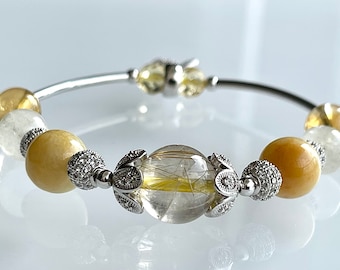 Natural Gemstones Bracelet. Golden Rutilated Quartz, Yellow Jade, Kunzite, Citrine. Handmade. Free Shipping.