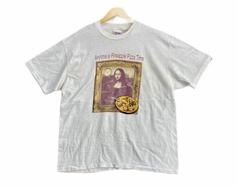 vintage 90s mona lisa parody anytime is pineapple pizza time big image rare design artwork drawing nice dope made in usa promo t-shirts