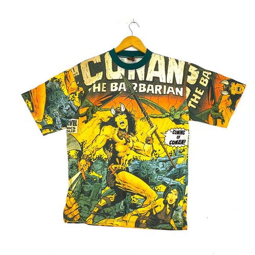 Vintage 90s conan the barbarian fullprint allover print American epic sword and sorcery film movie marvel xmen rap tees promo popular t-shirts