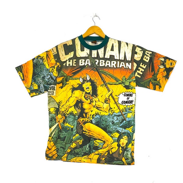 Vintage 90s conan the barbarian fullprint allover print American epic sword and sorcery film movie marvel xmen rap tees promo t-shirts