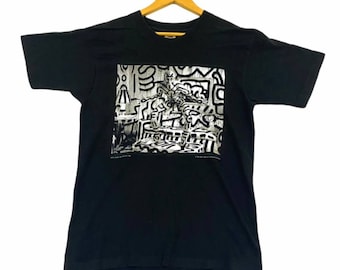 Vintage 90s 1992 KEITH HARING bonito diseño arte raro dibujo arte pop picasso dali streetwear raptees hip hop punk rock promo camisetas