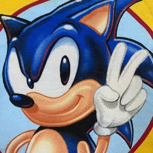 May include: A blue and yellow cartoon character with a red and yellow background. The character is Sonic the Hedgehog, and he is giving a peace sign with his right hand. The character is smiling and has a white glove on his right hand.