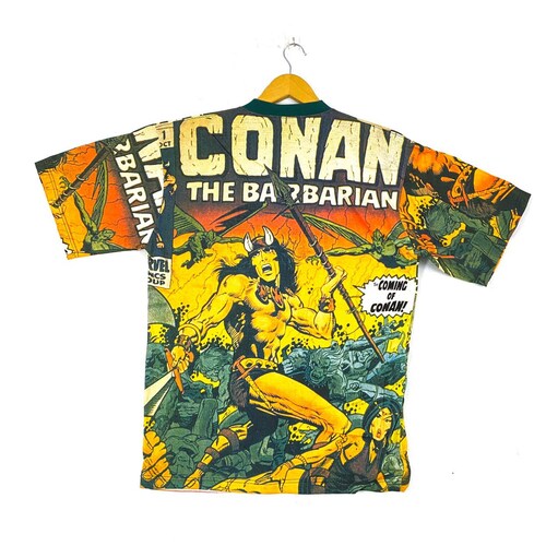 Vintage 90s conan the barbarian fullprint allover print American epic sword and sorcery film movie marvel xmen rap tees promo popular t-shirts