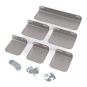 May include: A set of silver-colored metal brackets, with a variety of sizes and shapes, arranged on a white background. Included are washers, a chain, and screws. The brackets have a bent edge for mounting.