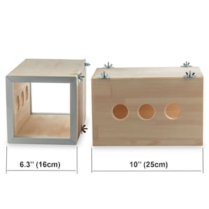 May include: Two wooden boxes with holes. The smaller box is 6.3 inches (16 cm) wide and the larger box is 10 inches (25 cm) wide.
