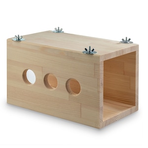 May include: A light wood rectangular box with three round holes cut out of the front. The box has four metal screws on the top.