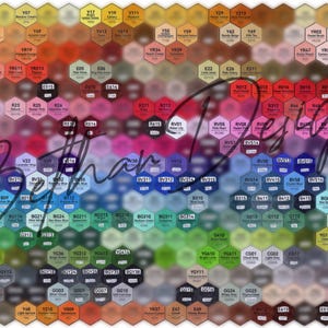 May include: A vibrant colour chart featuring hexagonal colour swatches, displaying a broad range of shades. Each hexagon is labelled with a colour name and code. The image includes the text "Bethany Design".