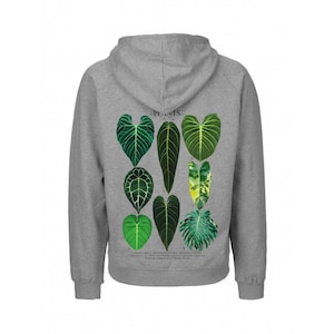 May include: A gray hooded sweatshirt with a print of eight different green leaves on the back. The leaves are labeled with numbers and names. The text "PLANTS" is printed above the leaves.