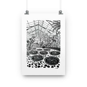 Maison de verre avec nénuphars Jardins botaniques d&#39;Édimbourg • Impression Lino A3