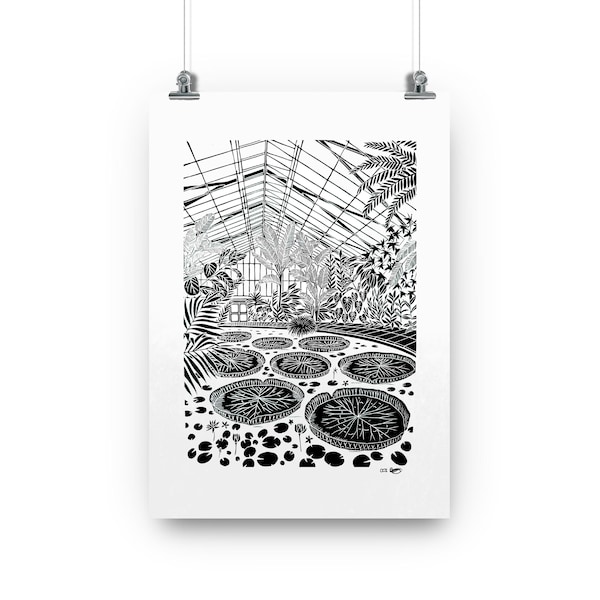 Edinburgh Botanical Gardens Lily Pad Glass House • A3 Lino Print