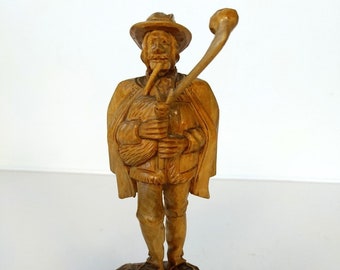 Vintage Black Forest Carved Wood Sculpture Musician Man with Bagpipe Hand Carved Wood Figurine 5in High Wood Carving Home Decoration