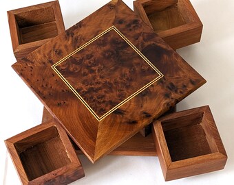 Vintage Secret Switch Jewellery Trinket Box Inlayed Thuya Burl Wood 4 Compartment Home Decoration