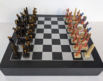 Hand Painted Themed Chess Set Egyptians Versus Nubians Complete With Chess Board