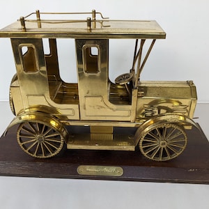 Vintage Taxi Car Brass Model Sculpture on Wooden Base Large 13in Long Home or Office Decoration