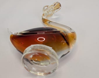 ヴィンテージ ムラーノ アートガラス 白鳥の彫刻：琥珀色と透明吹き