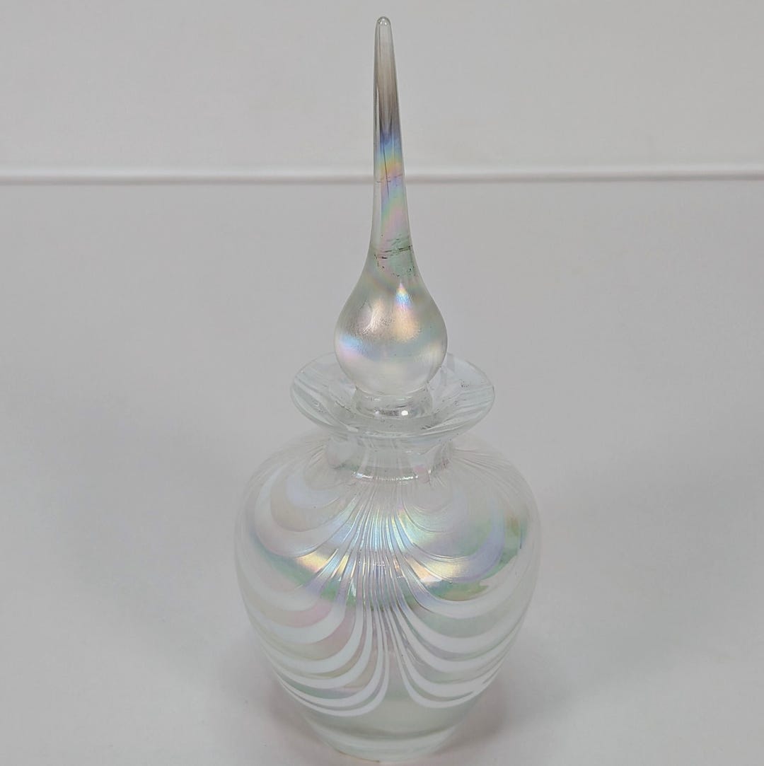 Vintage Iridescent Art Glass Perfume Scent Bottle Feather Design With ...
