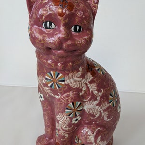 Vintage Pink Lucky Cat Kutani Ware Style Porcelain Good Luck Ornament 12 in Tall Home Decoration image 2