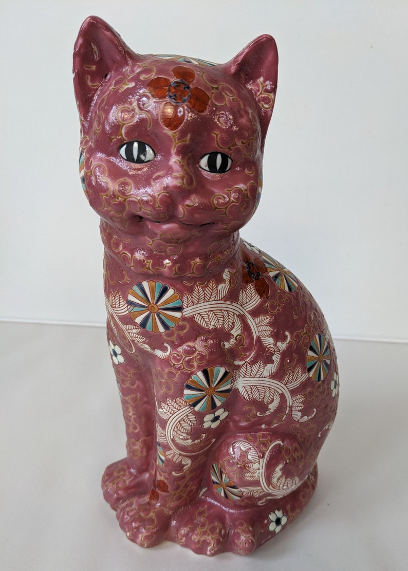 Vintage Pink Lucky Cat Kutani Ware Style Porcelain Good Luck Ornament 12 in Tall Home Decoration image 2