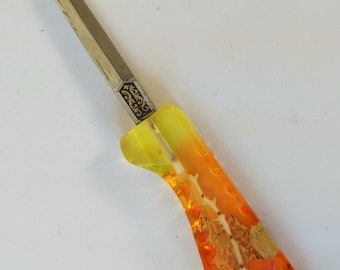 Vintage Mid Century Spanish Letter Opener With Lucite Aquarium Handle 9in Long Desktop Decor