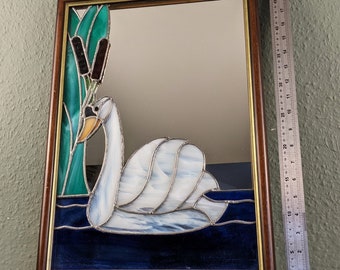 Vintage Tiffany Style Wall Mirror Stained Glass Swan in The Lake Design 49x34cm Home Decoration