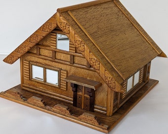 Vintage Bavarian Log Cabin Wooden Cigar Box Hand Made 9x9in and 7in Tall Jewellery Trinket Box Home Decoration