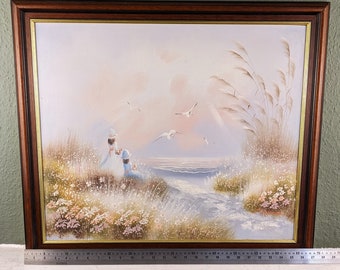 Vintage Oil on Canvas Painting Summer Girls Signed by Artist Framed in Wooden Frame Large 27.5x23.5in Original Painting Wall Art