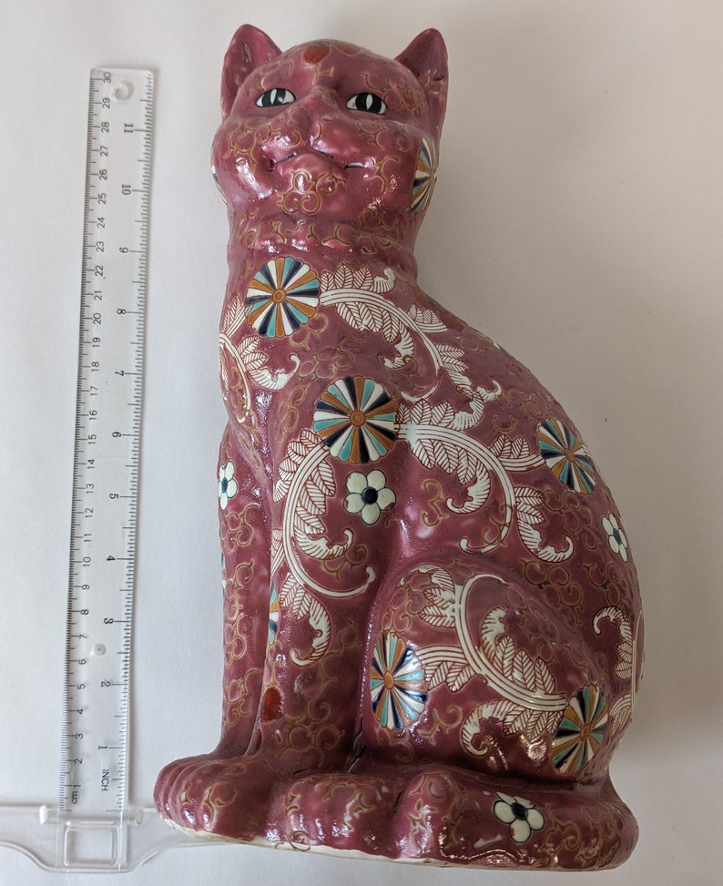 Vintage Pink Lucky Cat Kutani Ware Style Porcelain Good Luck Ornament 12 in Tall Home Decoration image 3