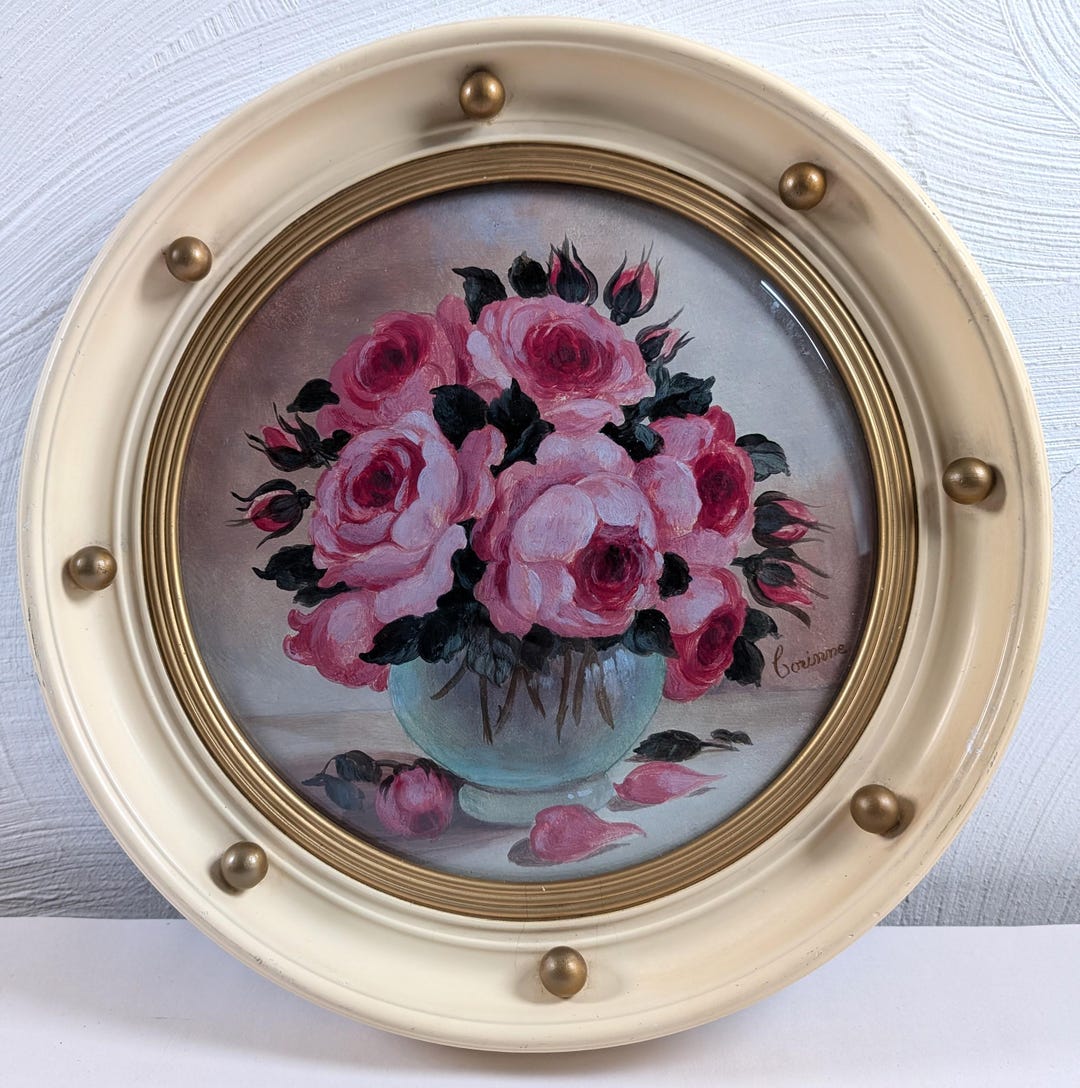 Vintage Pink Roses Oil Painting - Signed Floral Still Life in Porthole ...