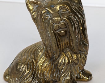 Vintage Brass Dog Yorkshire Terrier Figurine Ornament Miniature 3.5in Tall