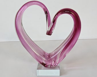 Vintage Murano Art Glass Sculpture Pink Heart 7.5in High Hand Blown Studio Glass Home Decor