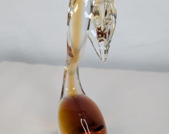 ヴィンテージ ムラーノ アートガラス 白鳥の彫刻：琥珀色と透明吹き