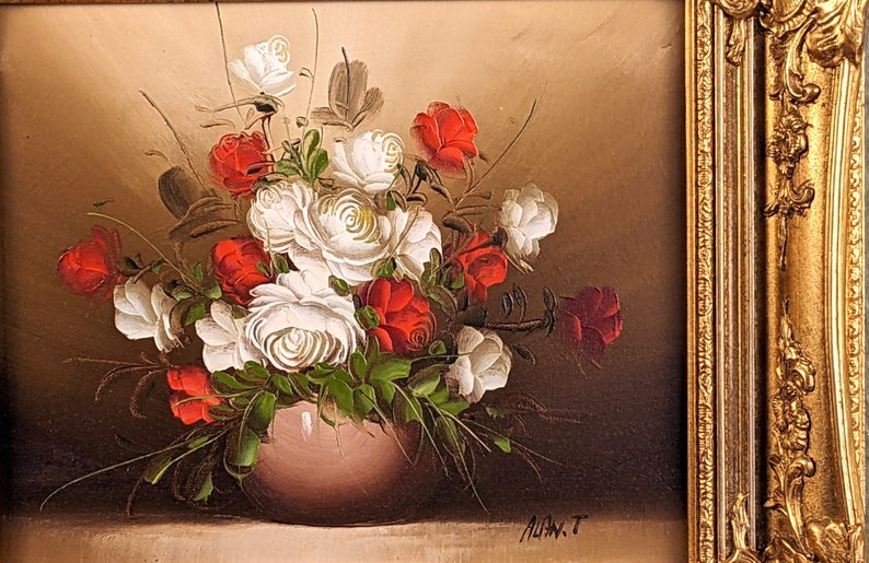 Vintage Oil on Canvas Roses in Vase Still Life Painting Framed in Wooden Gilded Rococo Style Frame 17x15in image 3