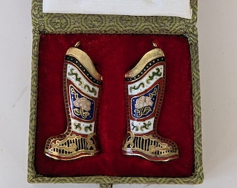 Vintage Cloisonne Miniature Pair of Shoes in Original Box Enamel on Gilded Brass Ornament Oriental Collectables