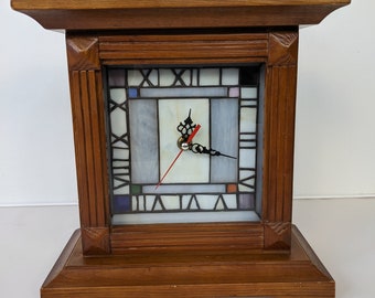 Vintage Wooden Mantel Clock With Tiffany Style Stained Glass Face 9.5in Tall Home Decor