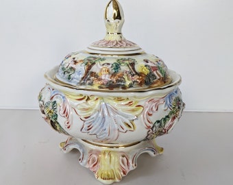 Vintage Capodimonte Lidded Bon Bon Dish Jar Cherub Decorated 8in Diameter Home Decor