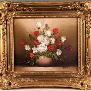 Vintage Oil on Canvas Roses in Vase Still Life Painting Framed in Wooden Gilded Rococo Style Frame 17x15in image 1