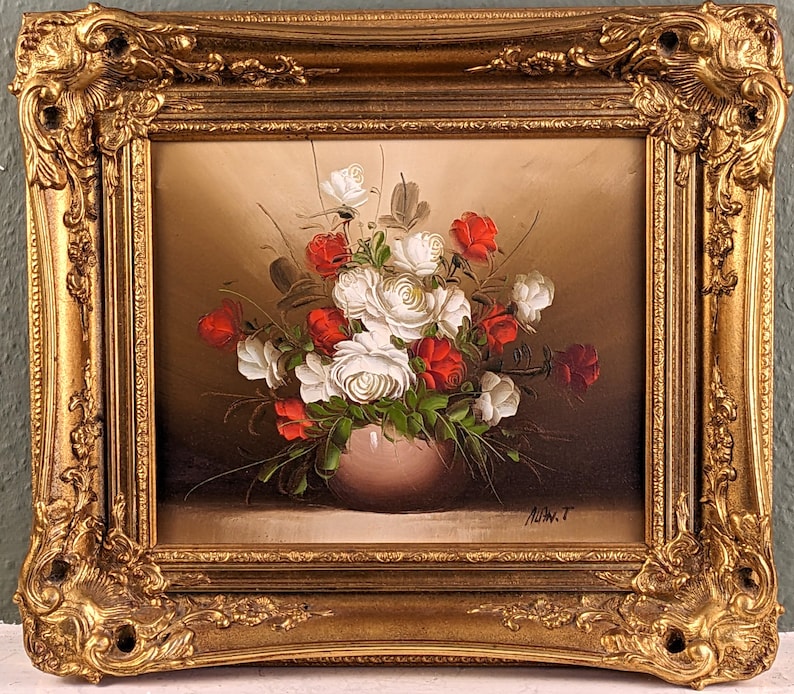 Vintage Oil on Canvas Roses in Vase Still Life Painting Framed in Wooden Gilded Rococo Style Frame 17x15in image 1