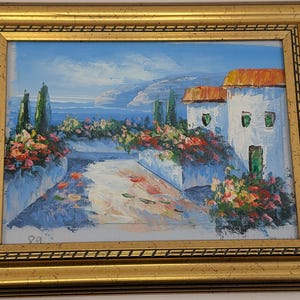 Original Gemälde Öl auf Leinwand mediterranen Villa eingerahmt klein 8 x 10 in Wall Art Home Decor