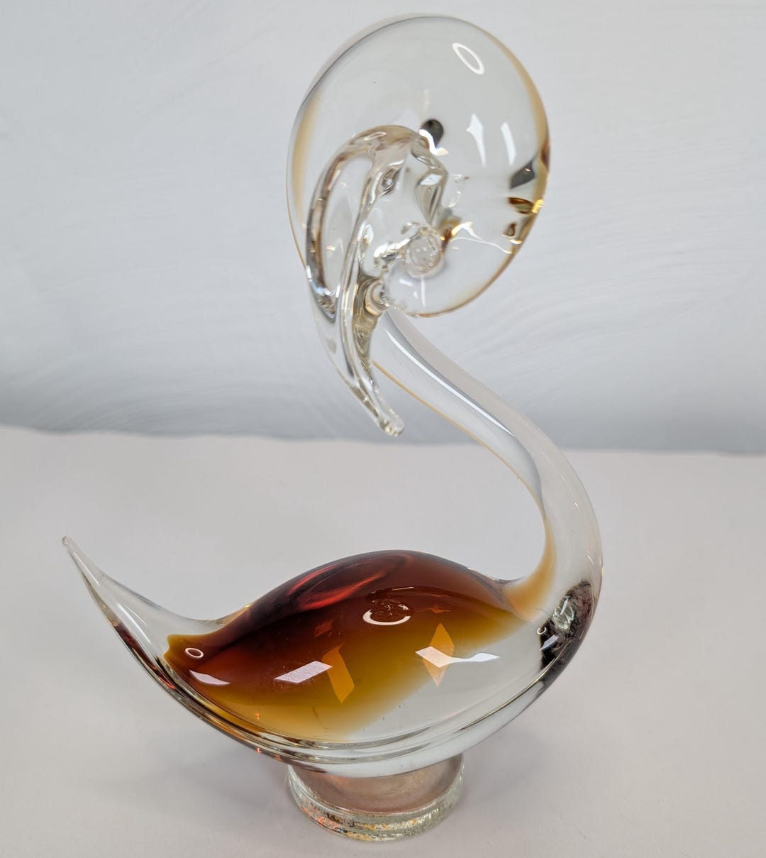 ヴィンテージ ムラーノ アートガラス 白鳥の彫刻：琥珀色と透明吹き