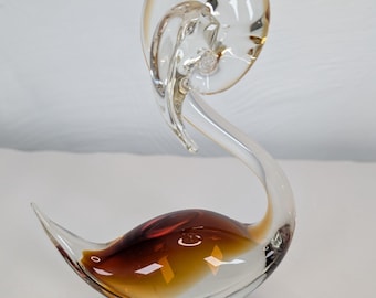 ヴィンテージ ムラーノ アートガラス 白鳥の彫刻：琥珀色と透明吹き