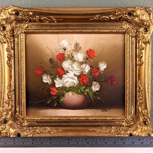 Vintage Oil on Canvas Roses in Vase Still Life Painting Framed in Wooden Gilded Rococo Style Frame 17x15in image 2