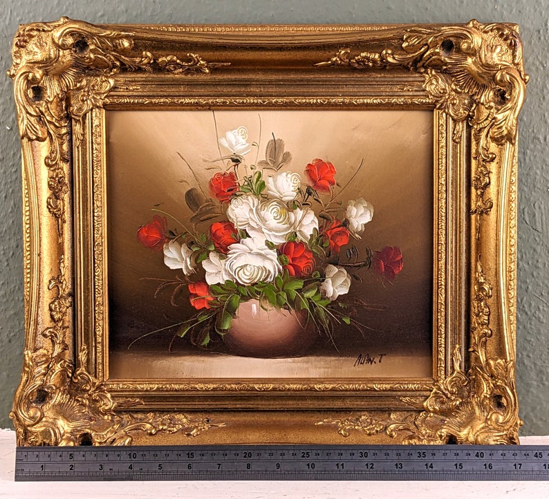 Vintage Oil on Canvas Roses in Vase Still Life Painting Framed in Wooden Gilded Rococo Style Frame 17x15in image 2