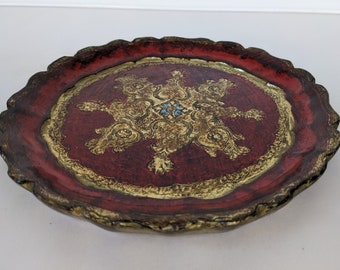 Vintage Italian Florentine Paper Mache Decorative Small Round Tray Gold Red 8in
