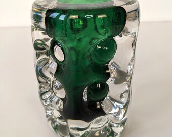 Vintage Liskeard Glass Knobbly Green Vase Signed Hand Blown Jim Dyer Cornwall England 4.5in Studio Art Glass Home Decoration