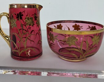 Vintage Bohemian Jug And Sugar Bowl Set Golden Hand Painted Cornflowers on Cranberry Glass Home Decoration