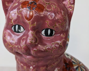 Vintage Pink Lucky Cat Kutani Ware Style Porcelain Good Luck Ornament 12 in Tall Home Decoration